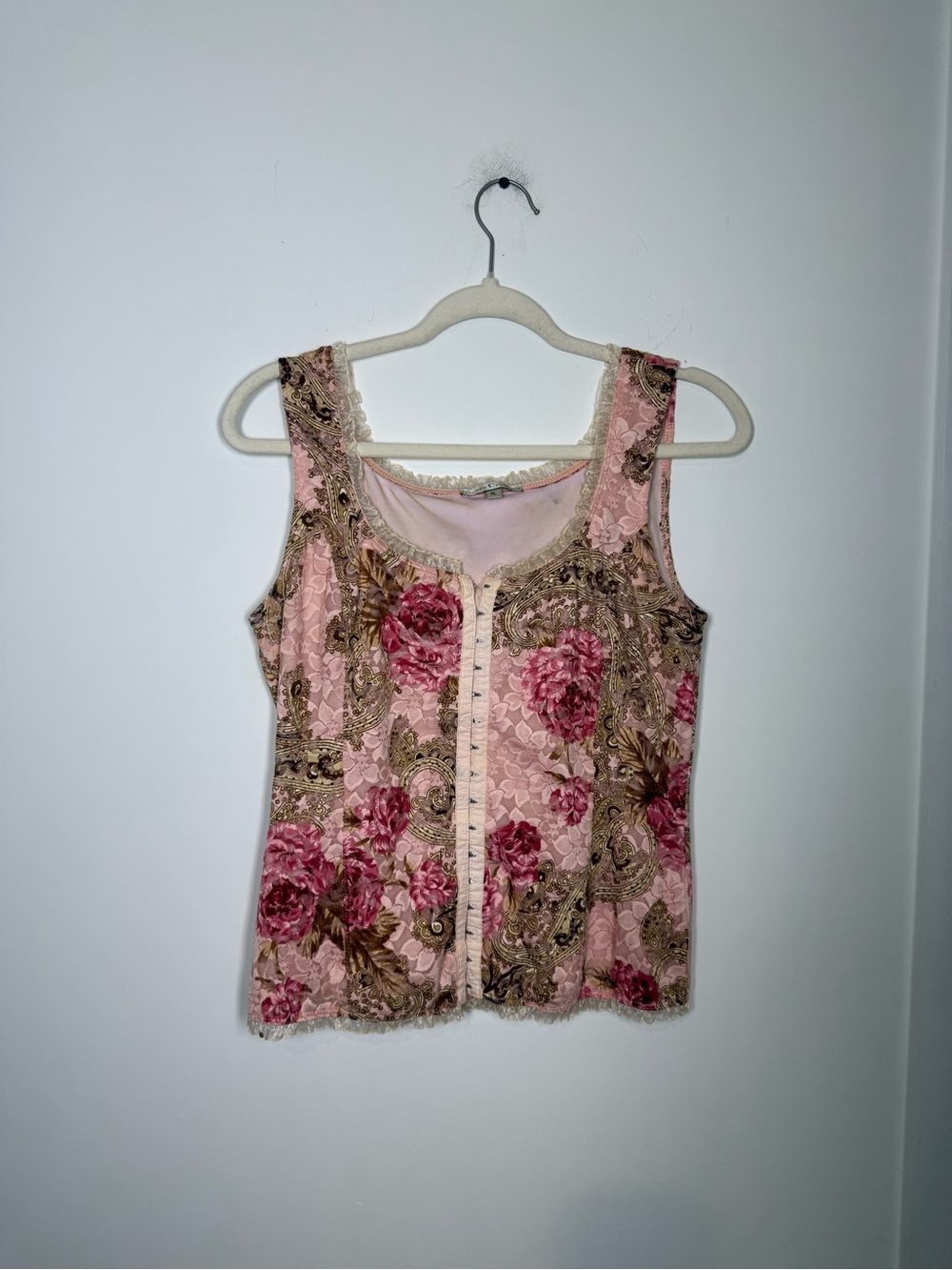Moa Moa Pink Floral Paisley Lace Corset Tank Top XL Y2K Romantic